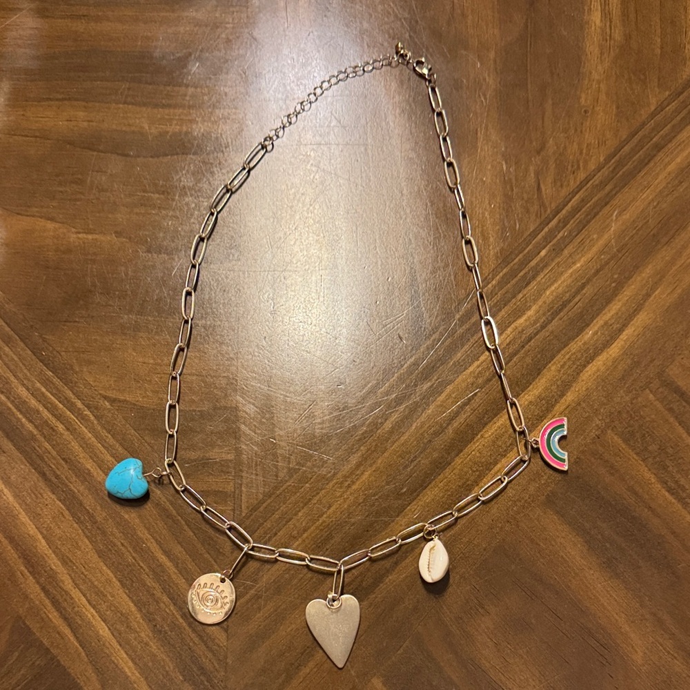 Boho Gold Paperclip Charm Necklace | Evil Eye, Shell, Heart, Rainbow